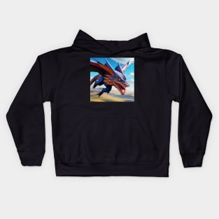 Blue and Orange Dragon with Wings Flying Through Sky Kids Hoodie